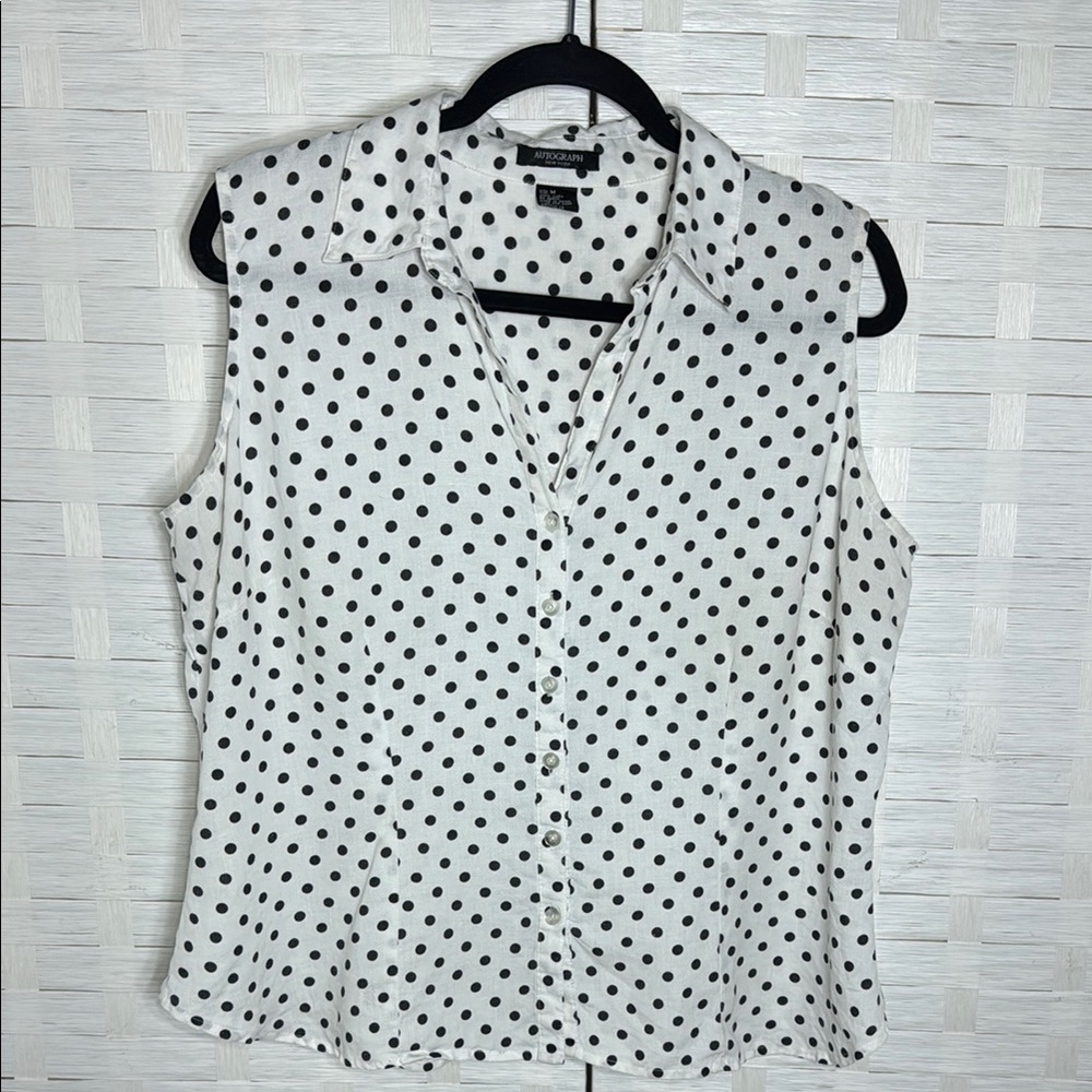 Autograph New York Sleeveless Polkaβ Dot Button Down Collared Shirt Size Medium